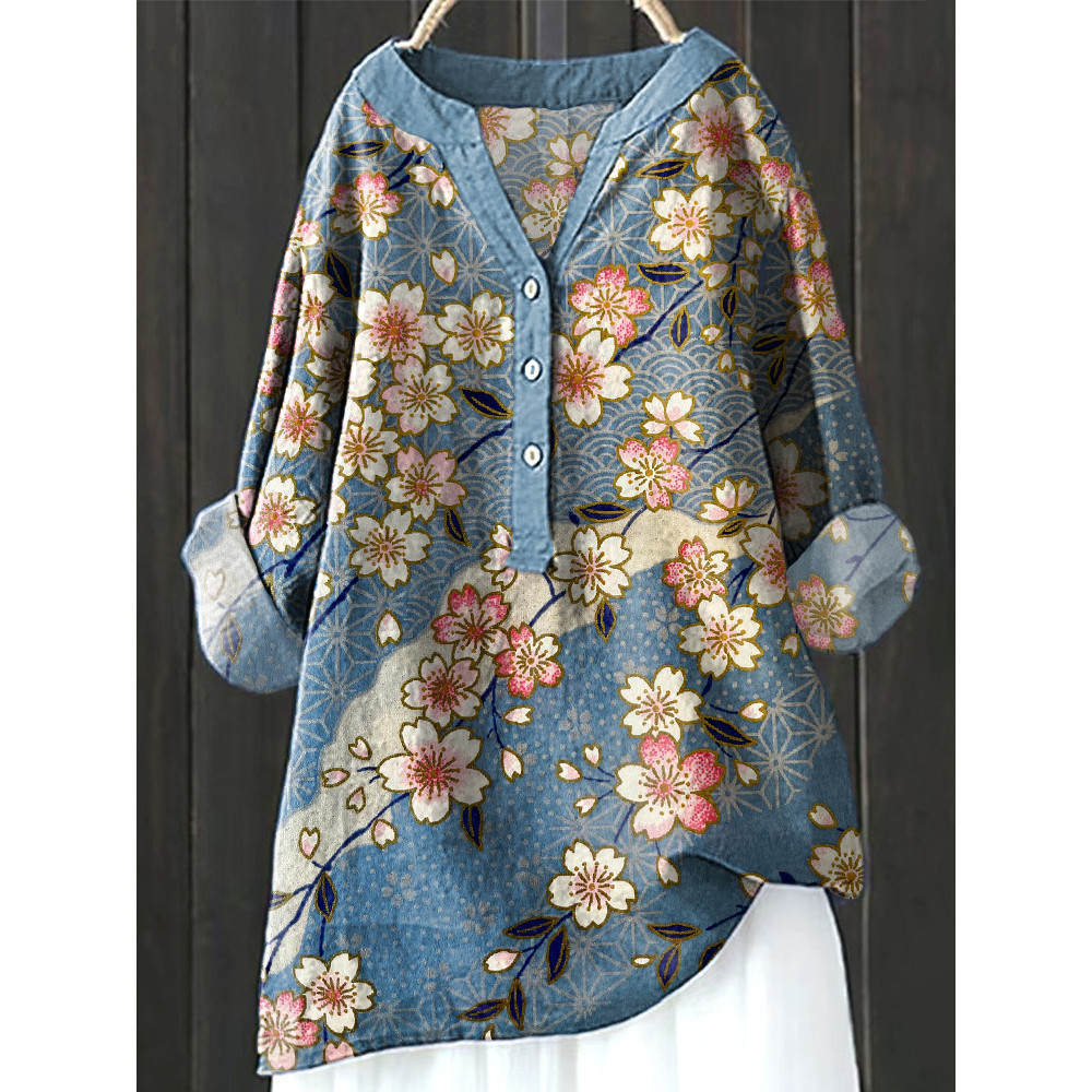 Cherry Blossom & Japanese Pattern Cozy Cotton Linen Shirt