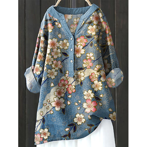 Cherry Blossom & Japanese Pattern Cozy Cotton Linen Shirt