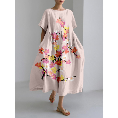 Cherry Blossoms Japanese Art Linen Blend Maxi Dress