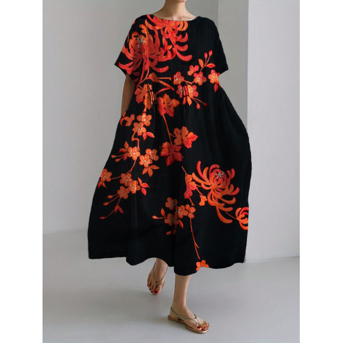 Chrysanthemum Cherry Blossom Japanese Embroidered Linen Blend Maxi Dress