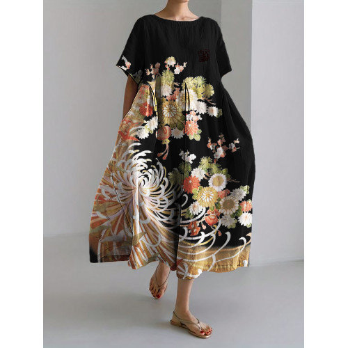 Chrysanthemum Floral Japanese Art Linen Blend Maxi Dress
