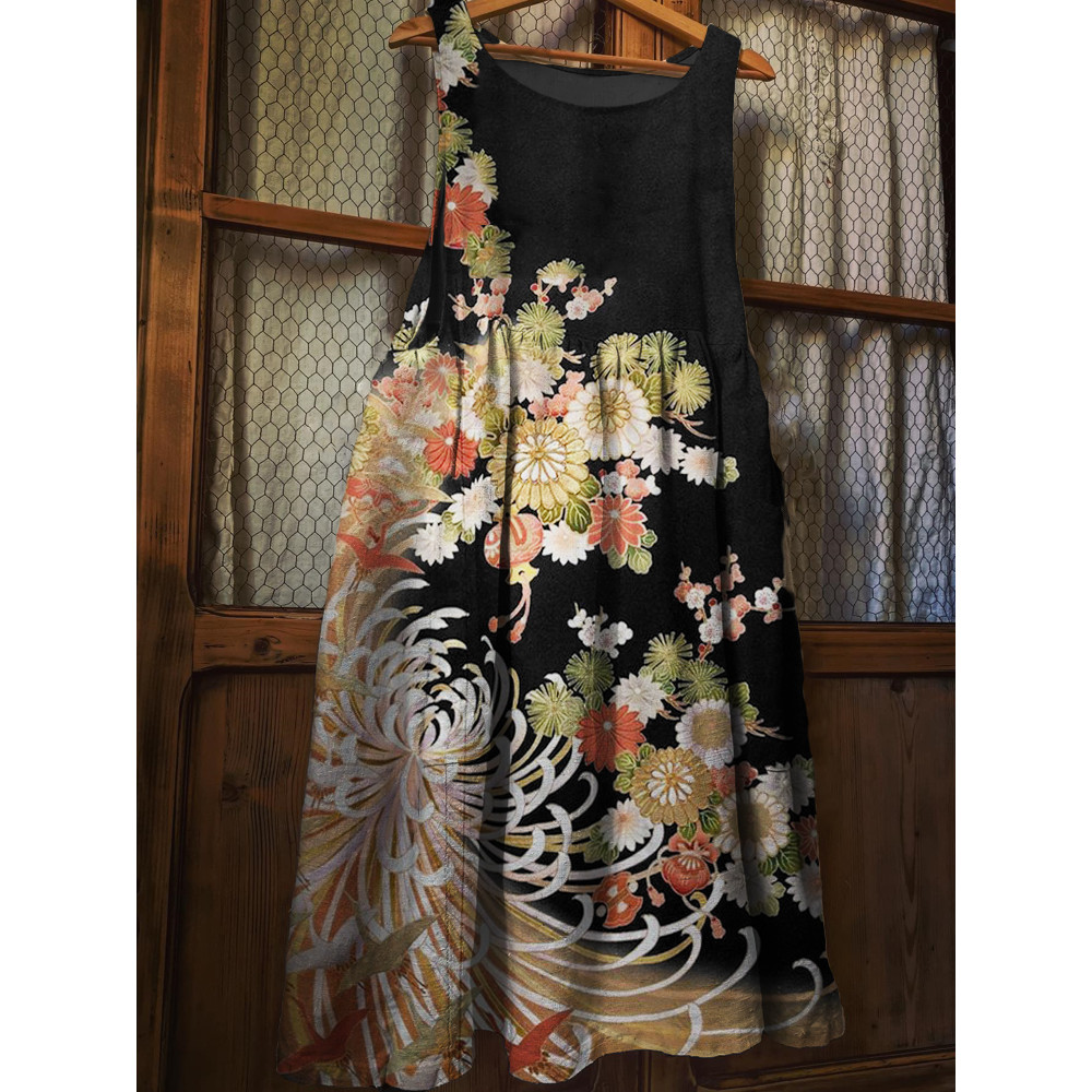 Chrysanthemum Floral Japanese Art Linen Blend Pinafore Dress