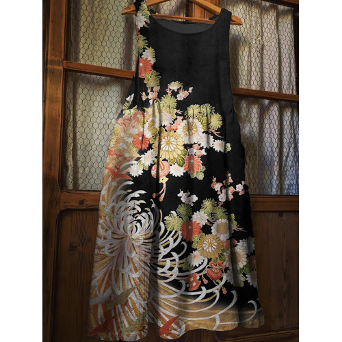 Chrysanthemum Floral Japanese Art Linen Blend Pinafore Dress