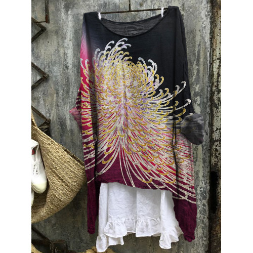 Chrysanthemum Japanese Contrast Art Linen Blend Tunic