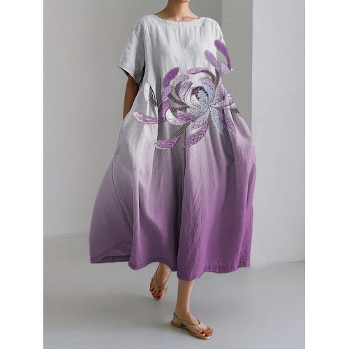 Chrysanthemum Japanese Embroidered Gradient Linen Blend Maxi Dress