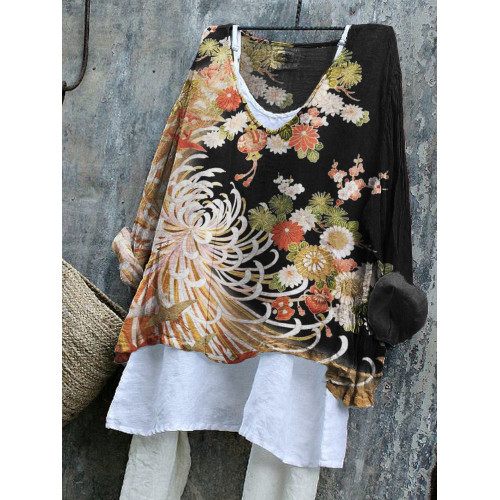 Chrysanthemum Japanese Floral Contrast Linen Blend Tunic