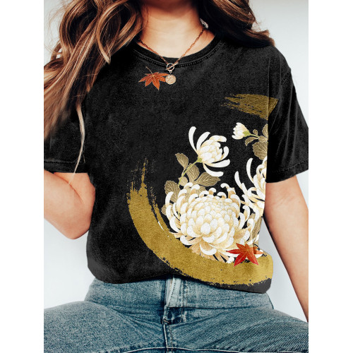 Chrysanthemum and Maple Leaf Japanese Art Washed T Shirt