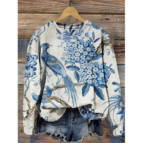 Classic Bird & Flower Print Casual Sweatshirt