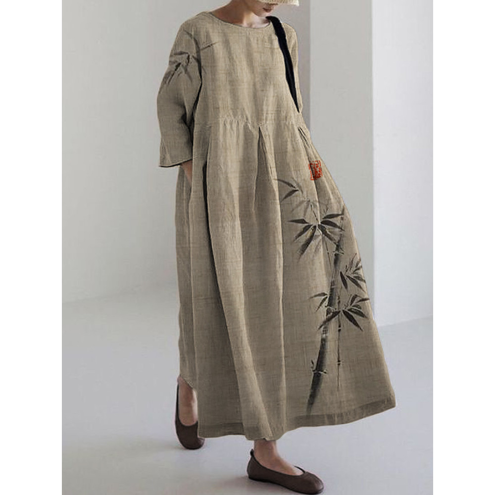 Classy Bamboo Japanese Art Linen Blend Maxi Dress
