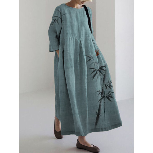 Classy Bamboo Japanese Art Linen Blend Maxi Dress