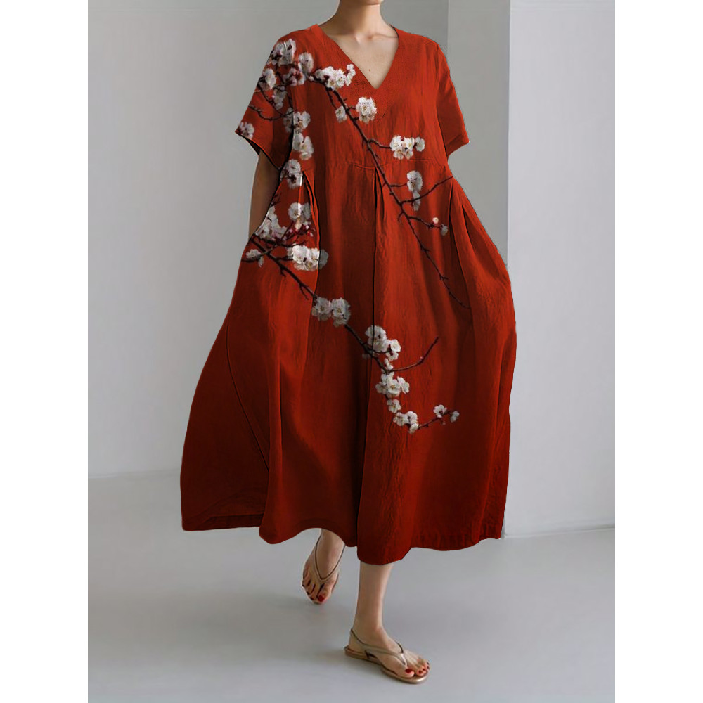 Classy Cherry Blossom Blooming Linen Blend Maxi Dress