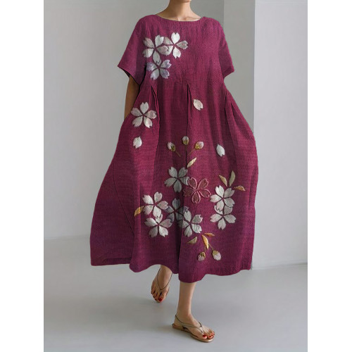 Classy Cherry Blossom Embroidered Linen Blend Maxi Dress