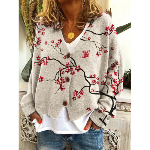 Classy Cherry Blossom Japanese Art Cozy Knit Cardigan