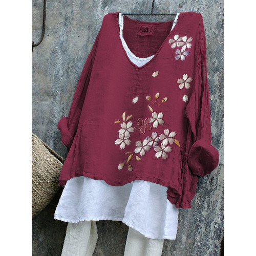 Classy Cherry Blossom Japanese Embroidery Linen Blend Tunic