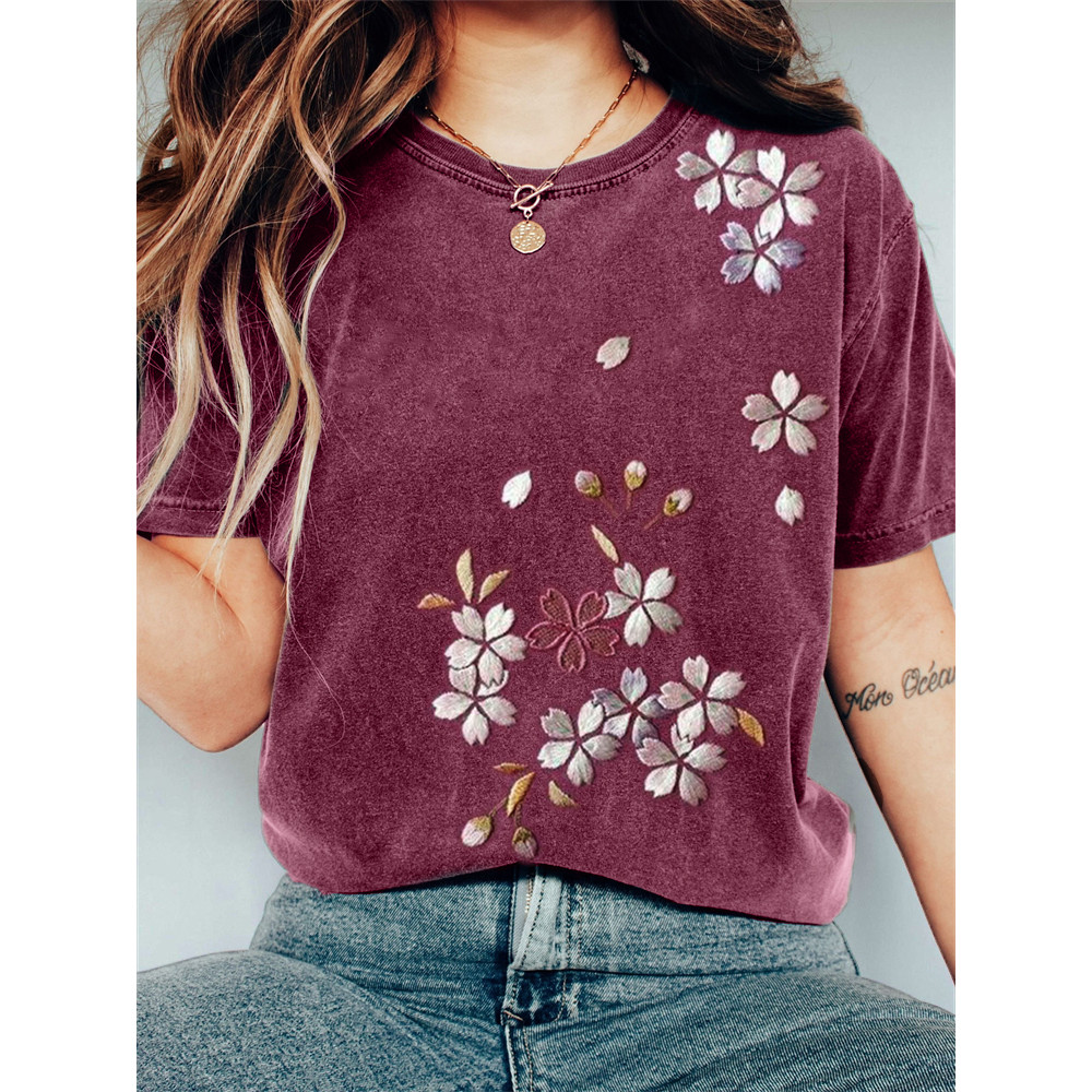 Classy Cherry Blossom Japanese Embroidery Vintage Washed T Shirt