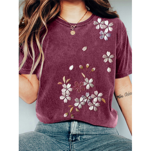 Classy Cherry Blossom Japanese Embroidery Vintage Washed T Shirt