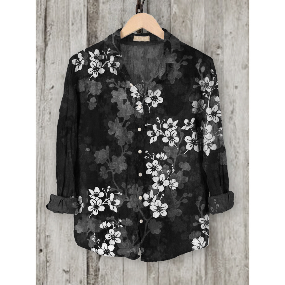 Classy Cherry Blossom Lino Art Linen Blend Blouse