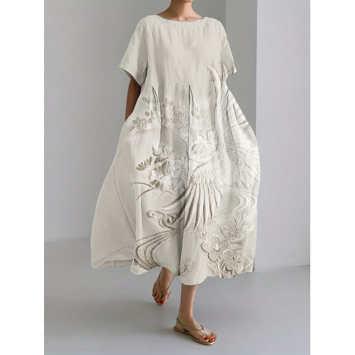 Classy Cranes Floral Japanese Embroidered Linen Blend Maxi Dress