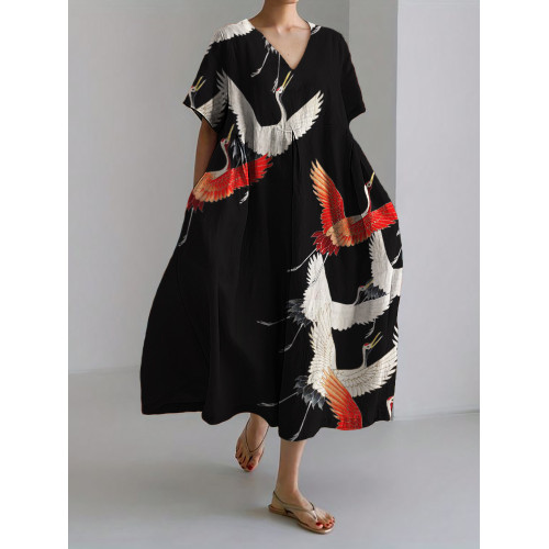 Classy Cranes Japanese Art Linen Blend Maxi Dress