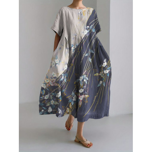 Classy Floral Contrast Japanese Linen Blend Maxi Dress
