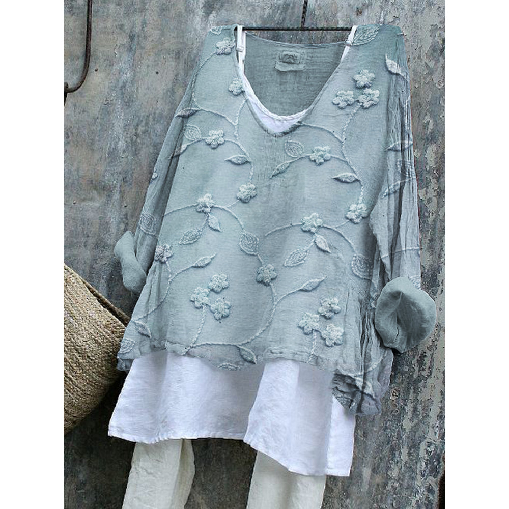 Classy Floral Embroidered Flowy Linen Blend Tunic