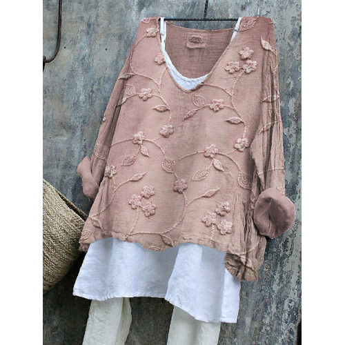 Classy Floral Embroidered Flowy Linen Blend Tunic