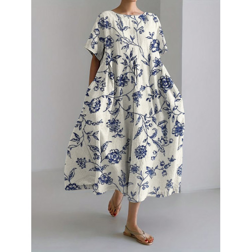 Classy Floral Embroidered Linen Blend Maxi Dress