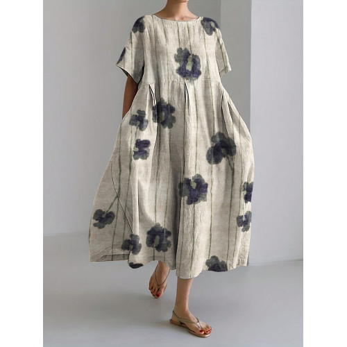 Classy Floral Vines Flowy Linen Blend Maxi Dress