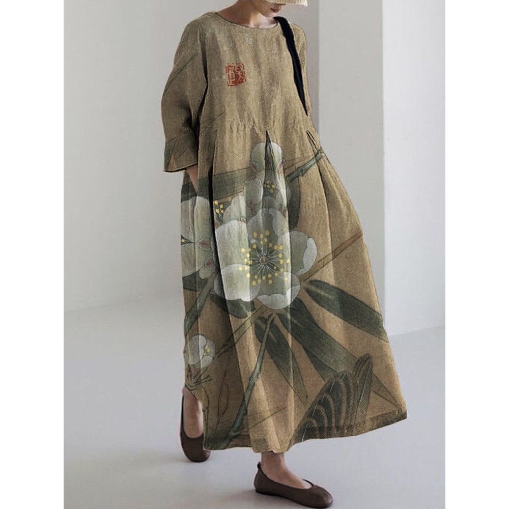 Classy Flowers Japanese Art Linen Blend Maxi Dress