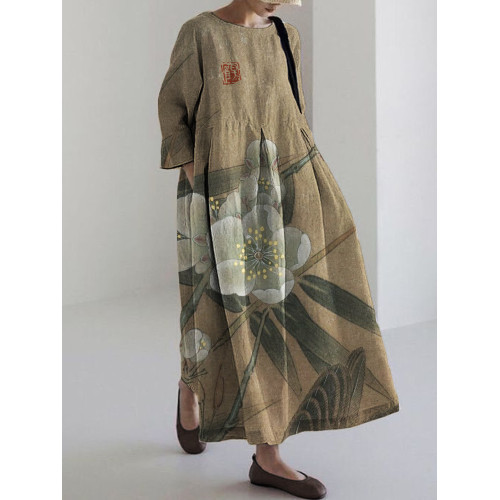 Classy Flowers Japanese Art Linen Blend Maxi Dress