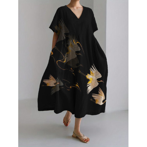 Classy Flying Cranes Japanese Art Linen Blend Maxi Dress