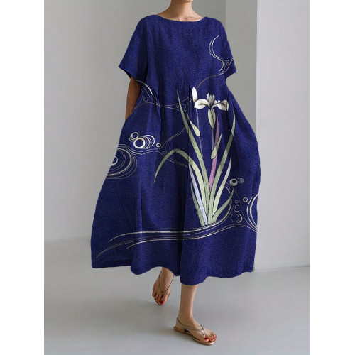 Classy Orchid Japanese Embroidered Linen Blend Maxi Dress