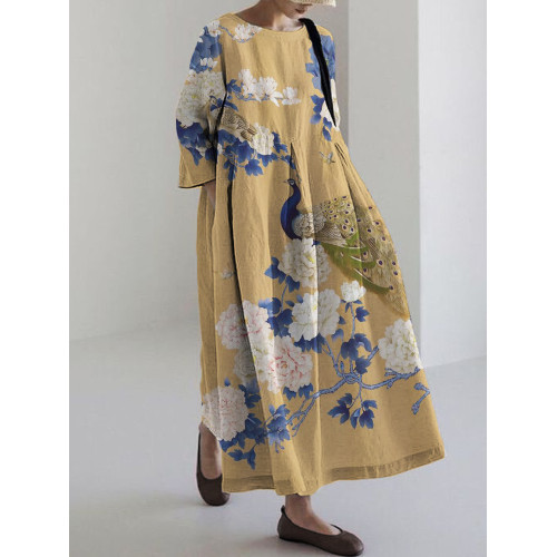 Classy Peacock Floral Japanese Art Linen Blend Maxi Dress
