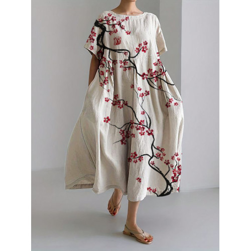 Classy Plum Blossom Japanese Art Linen Blend Maxi Dress