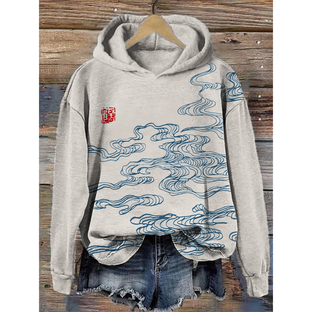 Clouds Ancient Japanese Lino Art Cozy Hoodie