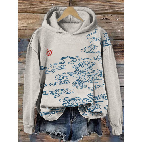 Clouds Ancient Japanese Lino Art Cozy Hoodie