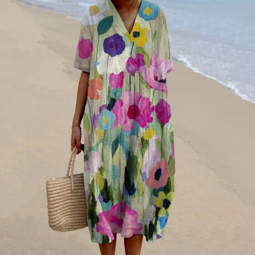 Color Block Floral Art Printed Casual Midi Dress