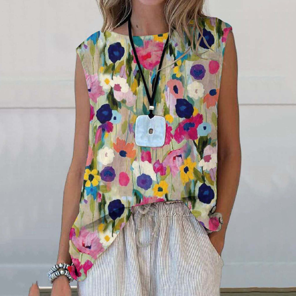 Color Block Floral Art Printed Casual Sleeveless Top
