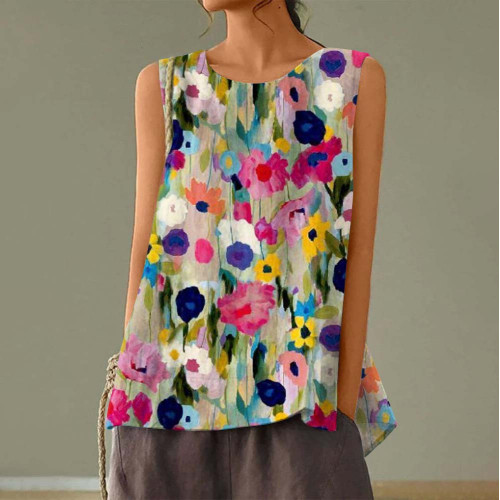 Color Block Floral Art Printed Crew Neck Casual Sleeveless Top