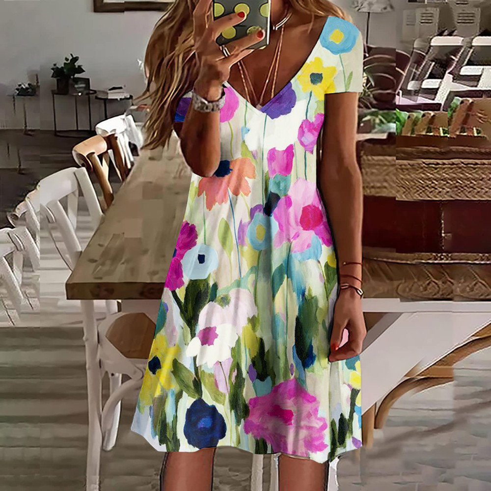 Color Block Floral Art Printed V Neck Casual Midi Dress