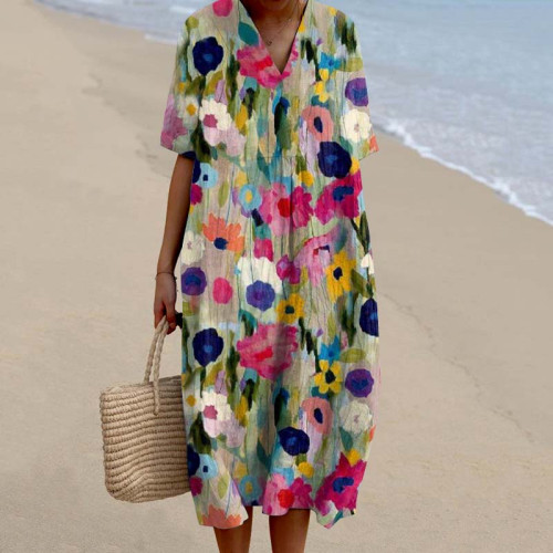 Color Block Floral Art Printed V Neck Casual Midi Dress