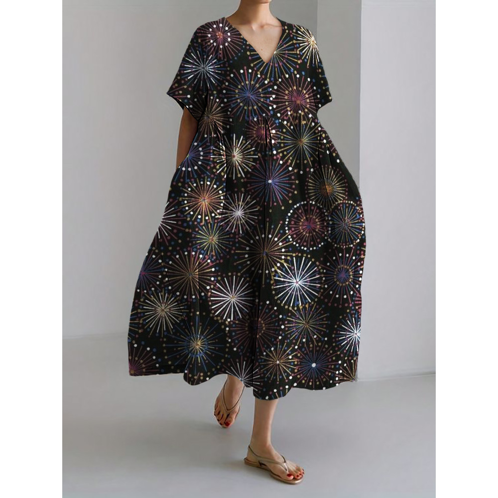 Colorful Fireworks Japanese Pattern Linen Blend Maxi Dress