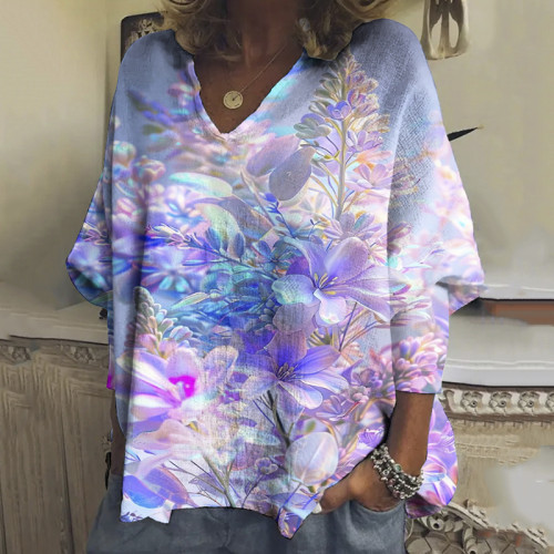 Colorful Floral Pattern V-Neck Top
