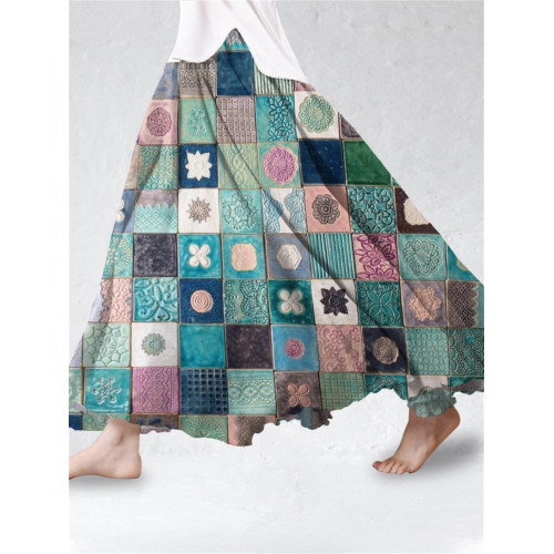 Colorful Floral Print Women's Linen Flutter Half Skirt