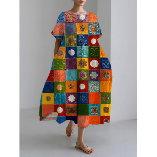 Colorful Floral Print Women's Linen Maxi Dress