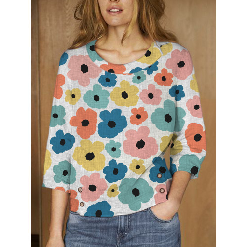 Colorful Flower Art Print Linen Lapel Shirt