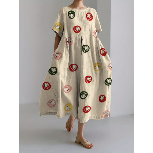 Colorful Japanese Daruma Dolls Pattern Linen Blend Maxi Dress