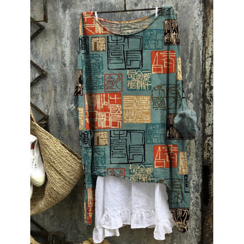 Colorful Japanese Seal Carving Pattern Linen Blend Tunic