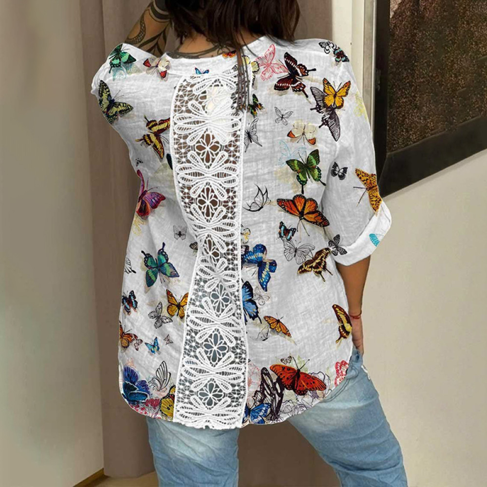 Cotton And Linen Lace Butterfly Art Blend Blouse