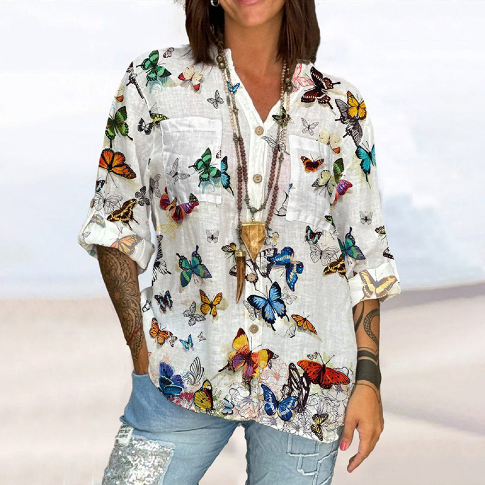 Cotton And Linen Lace Butterfly Art Blend Blouse